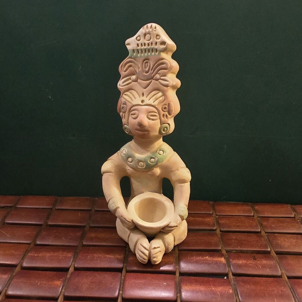 Vintage Mayan Clay Idol Sculpture w/ Offering Bowl 8.5"x4"x4"